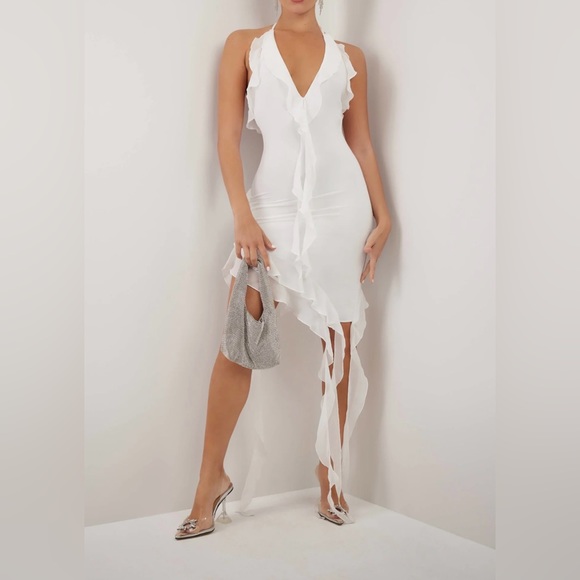 HEIRESS WHITE ASYMMETRIC RUFFLE DRESS - Picture 6 of 6